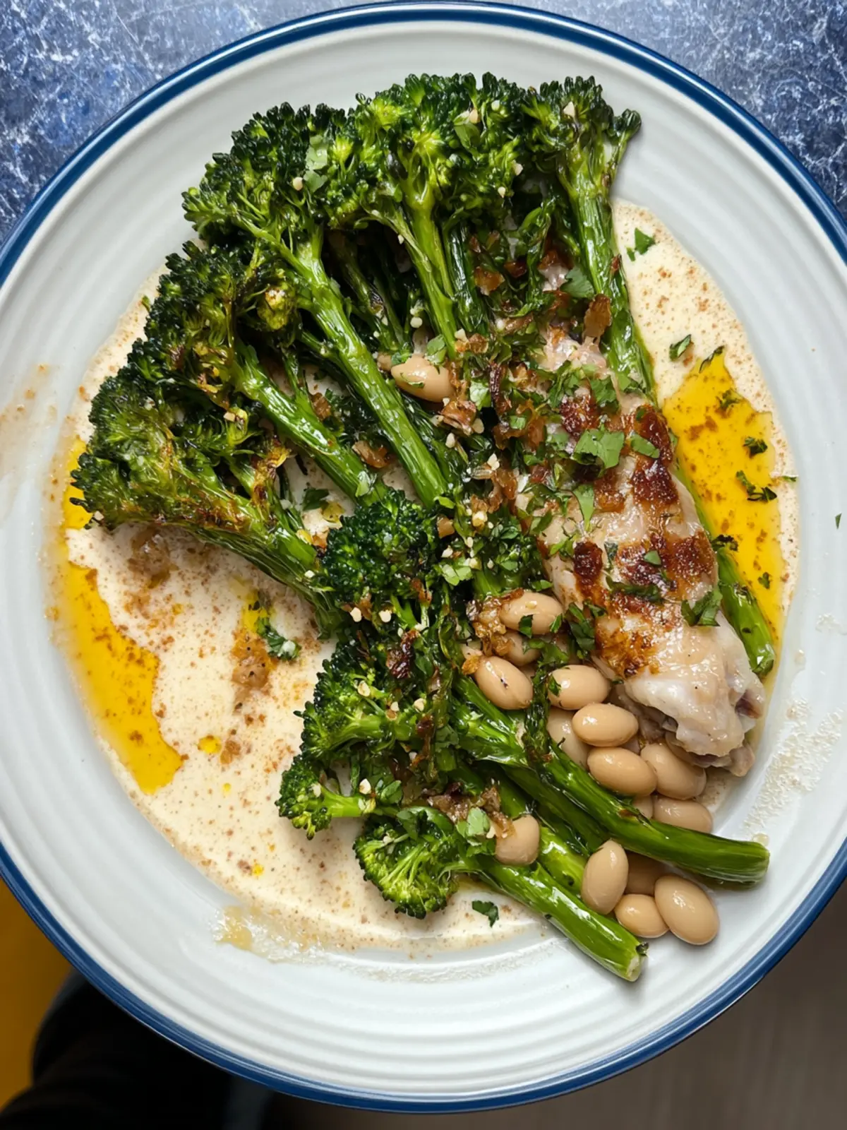 Charred Broccoli with Ajo Blanco & Crispy Chicken Bliss 4 Charred Broccoli with Ajo Blanco + Crispy Chicken Legs with Beans and Pancetta