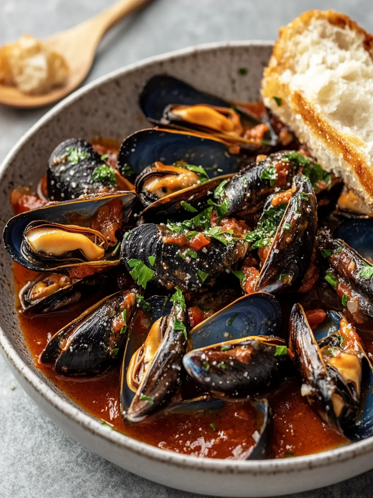 Mussels in Velvety Red Sauce with Cheese Bliss and Bread Delight 2 Mussels in Velvety Red Sauce
