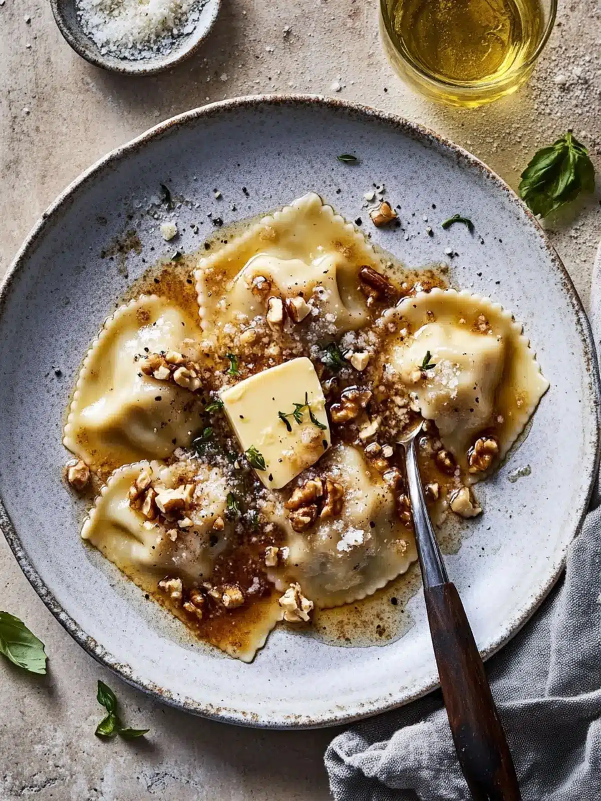Three-Cheese Cheat's Ravioli with Butter and Walnut Sauce Delight 3 Three-cheese cheat's ravioli with butter and walnut sauce