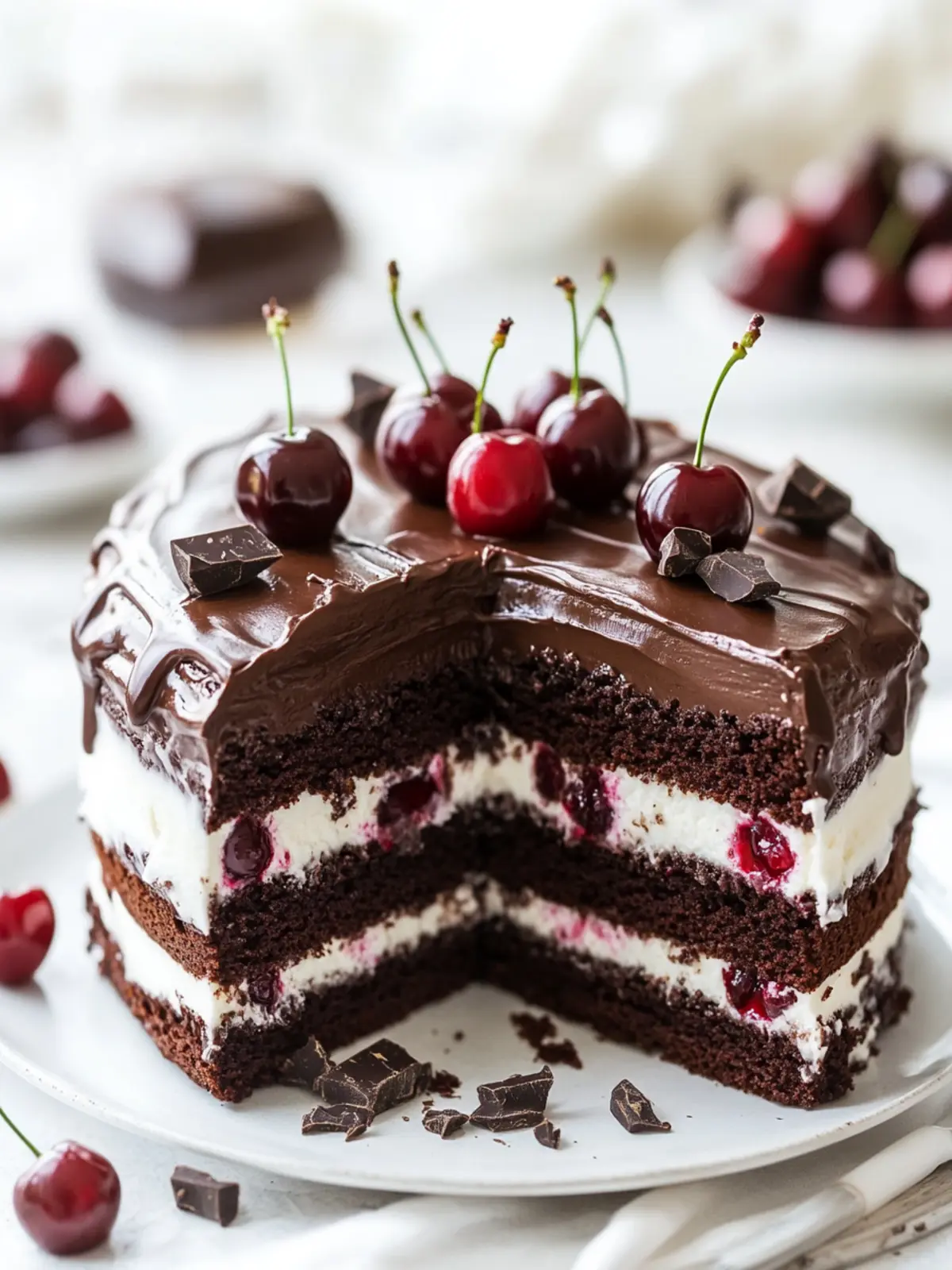 Decadent Black Forest-Inspired Chocolate Cherry Mascarpone Cake 2 Black Forest-Inspired Chocolate, Vanilla Cherry & Mascarpone Layer Cake with Chocolate Ganache