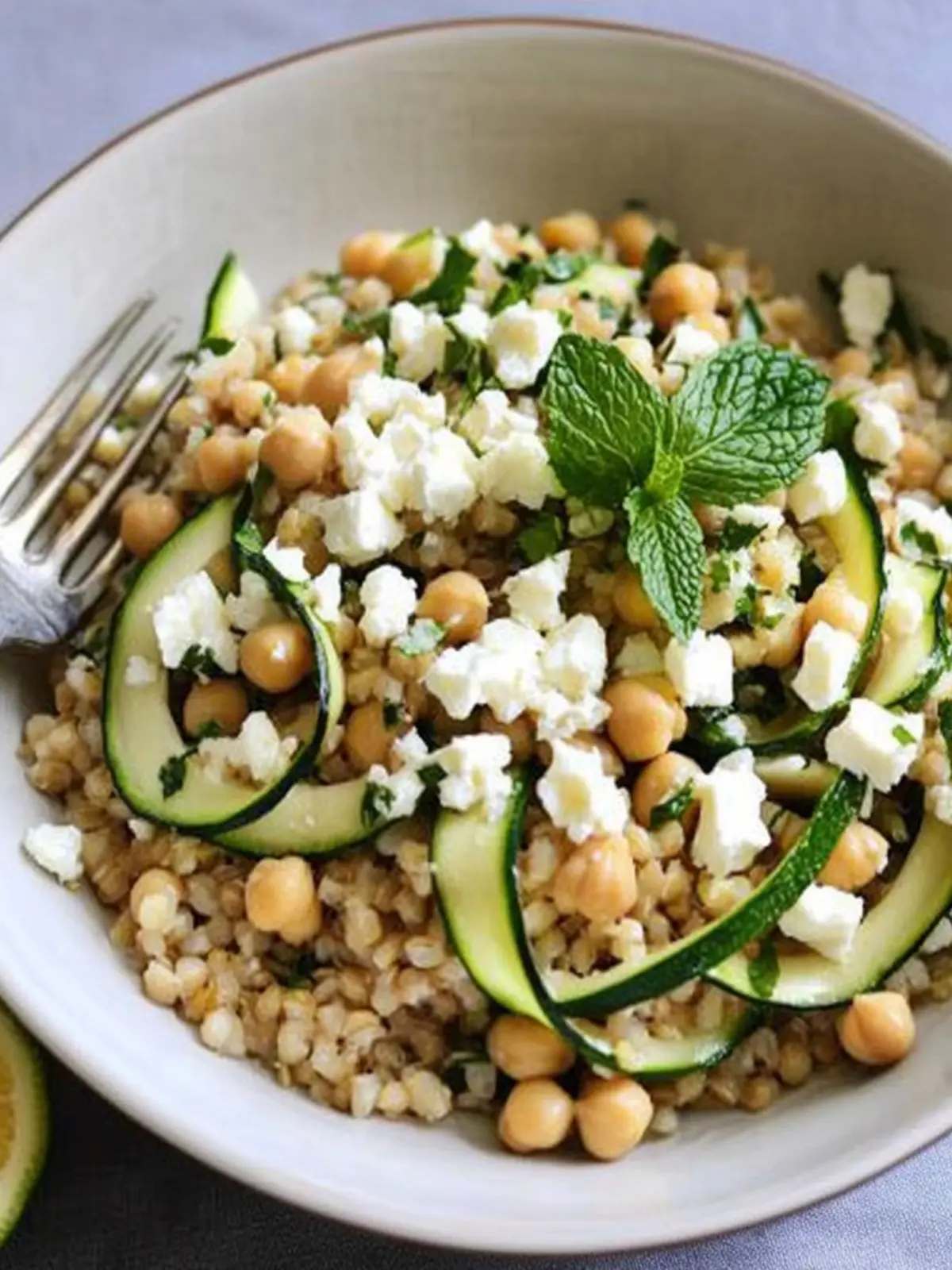 Chickpea, Barley, and Zucchini Ribbon Salad with Mint Feta Bliss 4 Chickpea, Barley and Zucchini Ribbon Salad with Mint and Feta