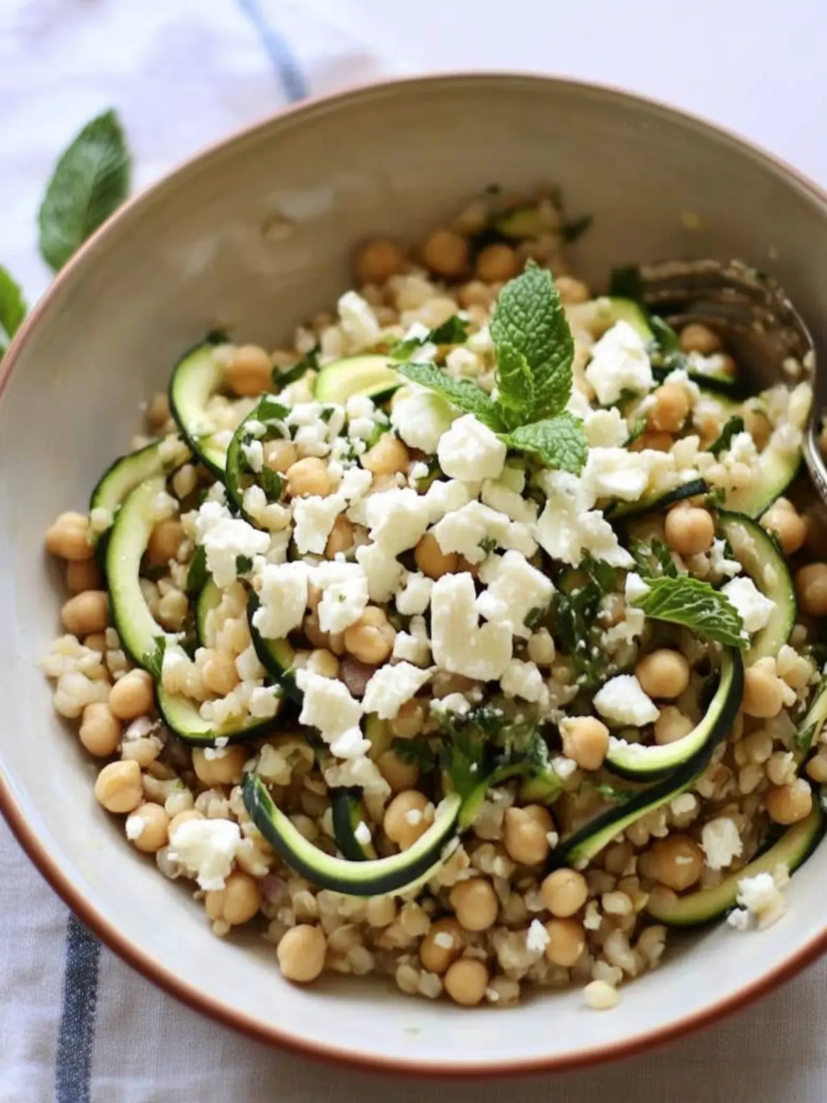 Chickpea, Barley, and Zucchini Ribbon Salad with Mint Feta Bliss 2 Chickpea, Barley and Zucchini Ribbon Salad with Mint and Feta