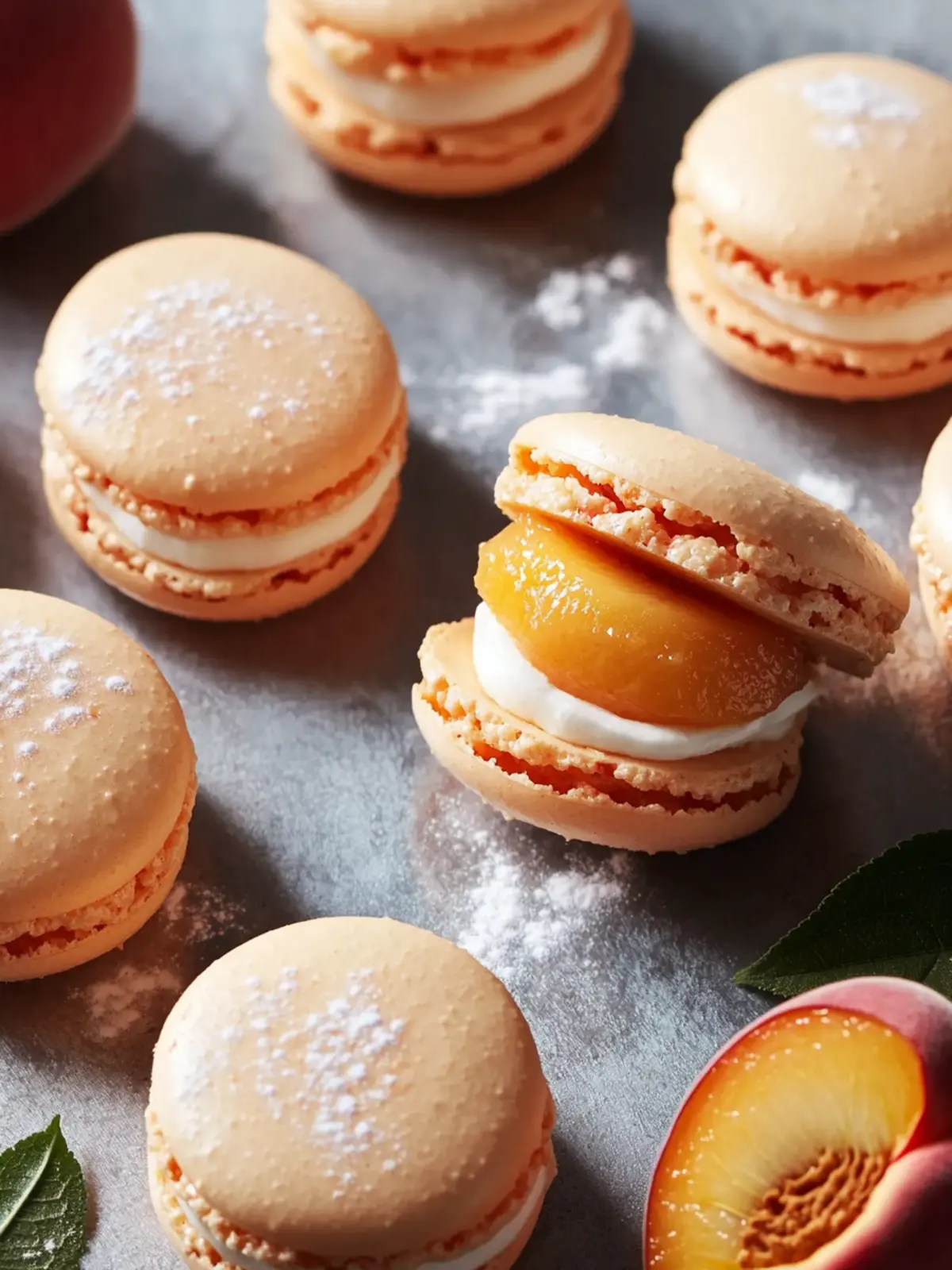 Indulge in Peach Macarons with Fresh Peaches and Cream Delight 3 Peach Macarons with Fresh Peaches and Cream