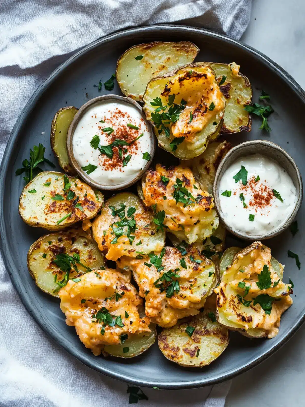 Crispy Salty Smashed Potatoes w/ Harissa Yogurt Delight 2 Salty Smashed Potatoes w/ Harissa Yogurt