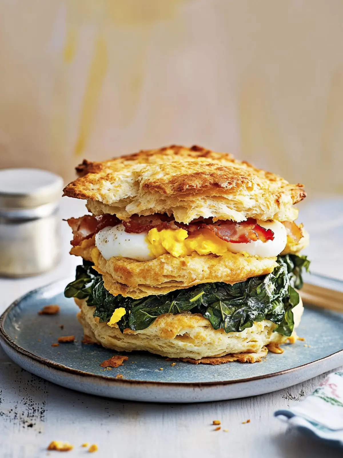 Flaky Biscuits With Pancetta, Collard Greens, and Marbleized Eggs 3 Biscuits With Pancetta, Collard Greens, Marbleized Eggs, and Espresso A ¯oli