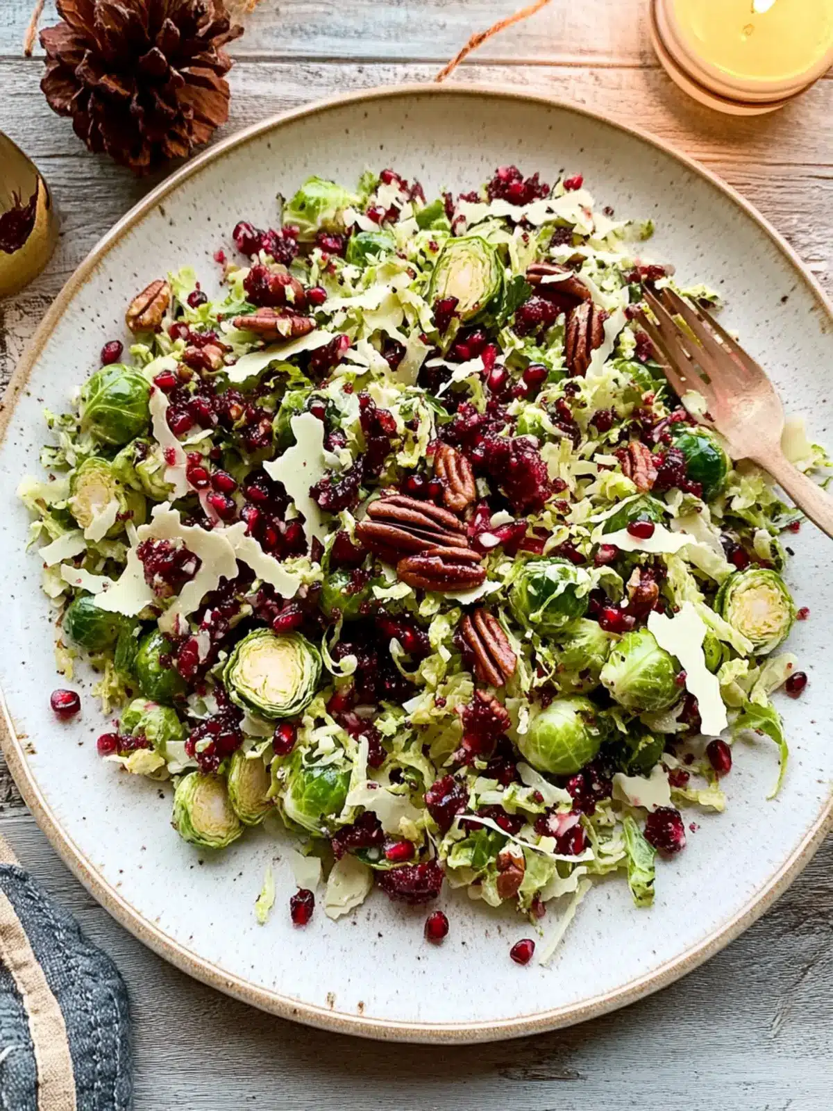 Shaved Brussels Sprout Salad with Pomegranate & Crunchy Pecans 2 Shaved Brussels Sprout Salad with Pomegranate and Candied Pecans