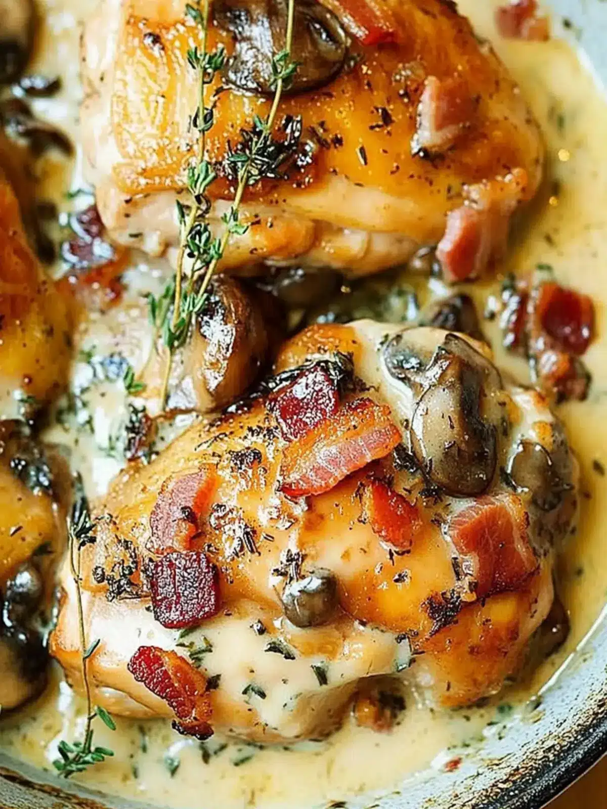 Savory Chicken Thighs with Creamy Bacon Mushroom Thyme Sauce 2 Chicken Thighs with Creamy Bacon Mushroom Thyme Sauce