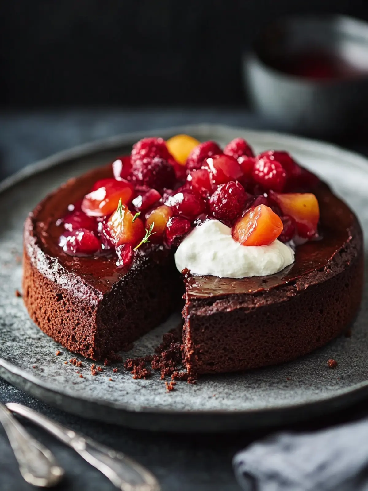 Indulge in Flourless Chocolate Cake with Fruit Compote & Cr ¨me Fra ®che 4 Flourless chocolate cake, fruit compote and creme fra ®che