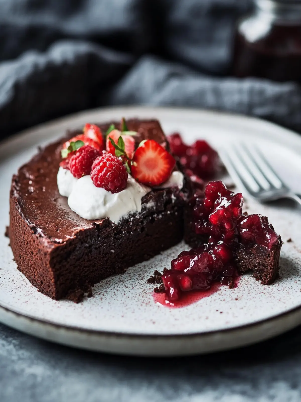 Indulge in Flourless Chocolate Cake with Fruit Compote & Cr ¨me Fra ®che 2 Flourless chocolate cake, fruit compote and creme fra ®che