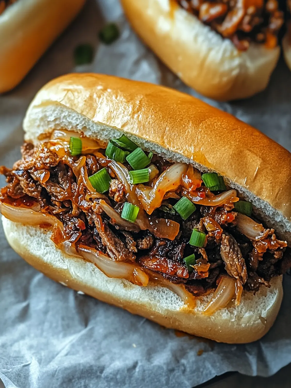 Savory Korean-Inspired Kimchi Bulgogi Cheesesteak Delight 3 Korean-Inspired Kimchi Bulgogi Cheesesteak