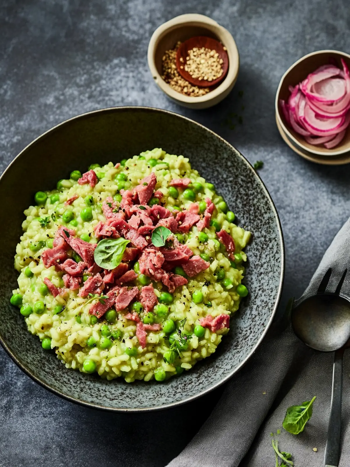 Pea and Broadbean Risotto with Crunchy Corned Beef Crumb 4 Pea and broadbean risotto with pickled onions and a corned beef crumb