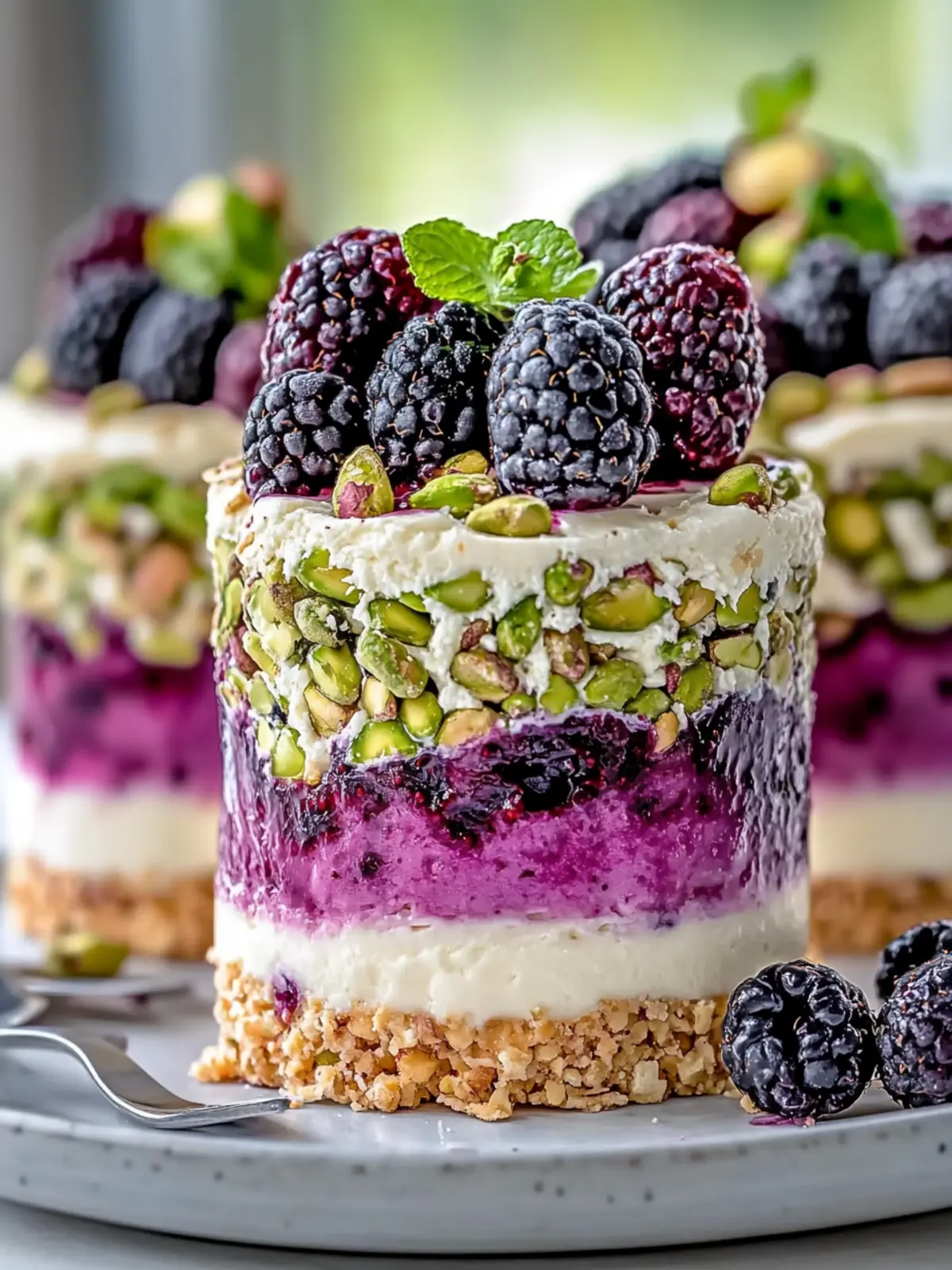 Decadent Pistachio & Blackberry Cheesecake Towers to Impress 3 Pistachio & Blackberry Cheesecake Towers