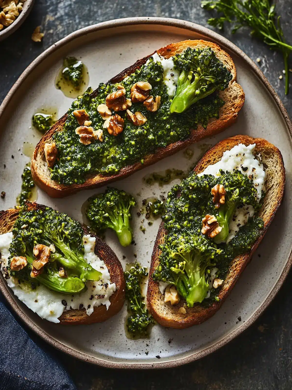 Delicious Goat's Cheese & Tenderstem Broccoli Walnut Pesto Toast 4 Goat's cheese, Tenderstem broccoli and walnut pesto on toast