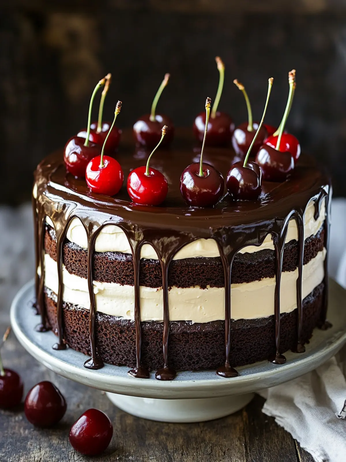 Decadent Black Forest-Inspired Chocolate Cherry Mascarpone Cake 3 Black Forest-Inspired Chocolate, Vanilla Cherry & Mascarpone Layer Cake with Chocolate Ganache
