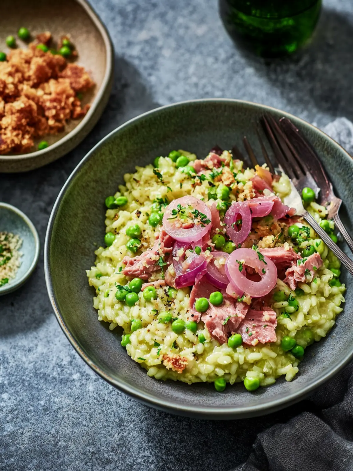 Pea and Broadbean Risotto with Crunchy Corned Beef Crumb 3 Pea and broadbean risotto with pickled onions and a corned beef crumb