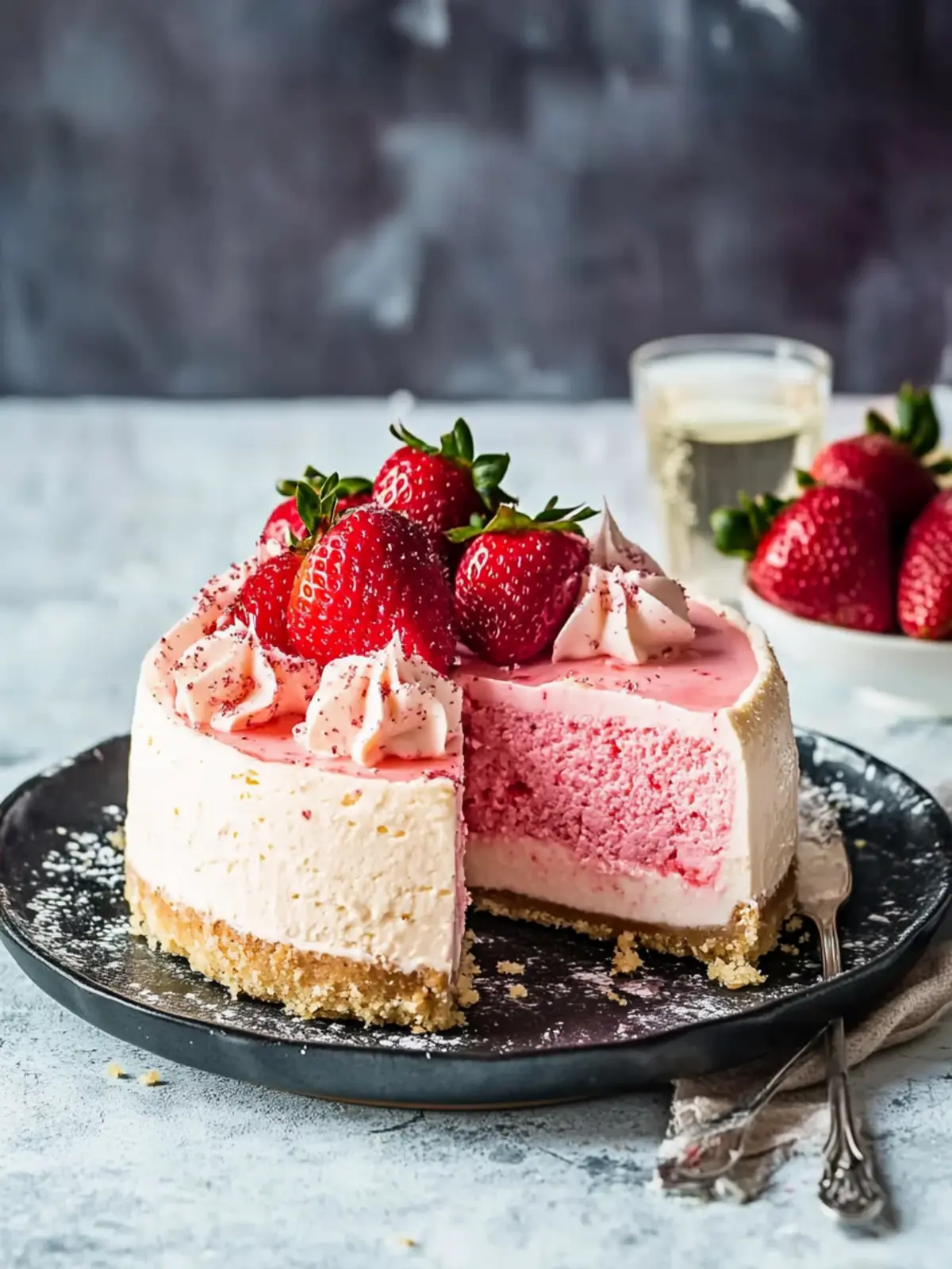 Delicious Strawberry Champagne Cheesecake with Champagne Cake 2 Strawberry Champagne Cheesecake with Champagne Cake