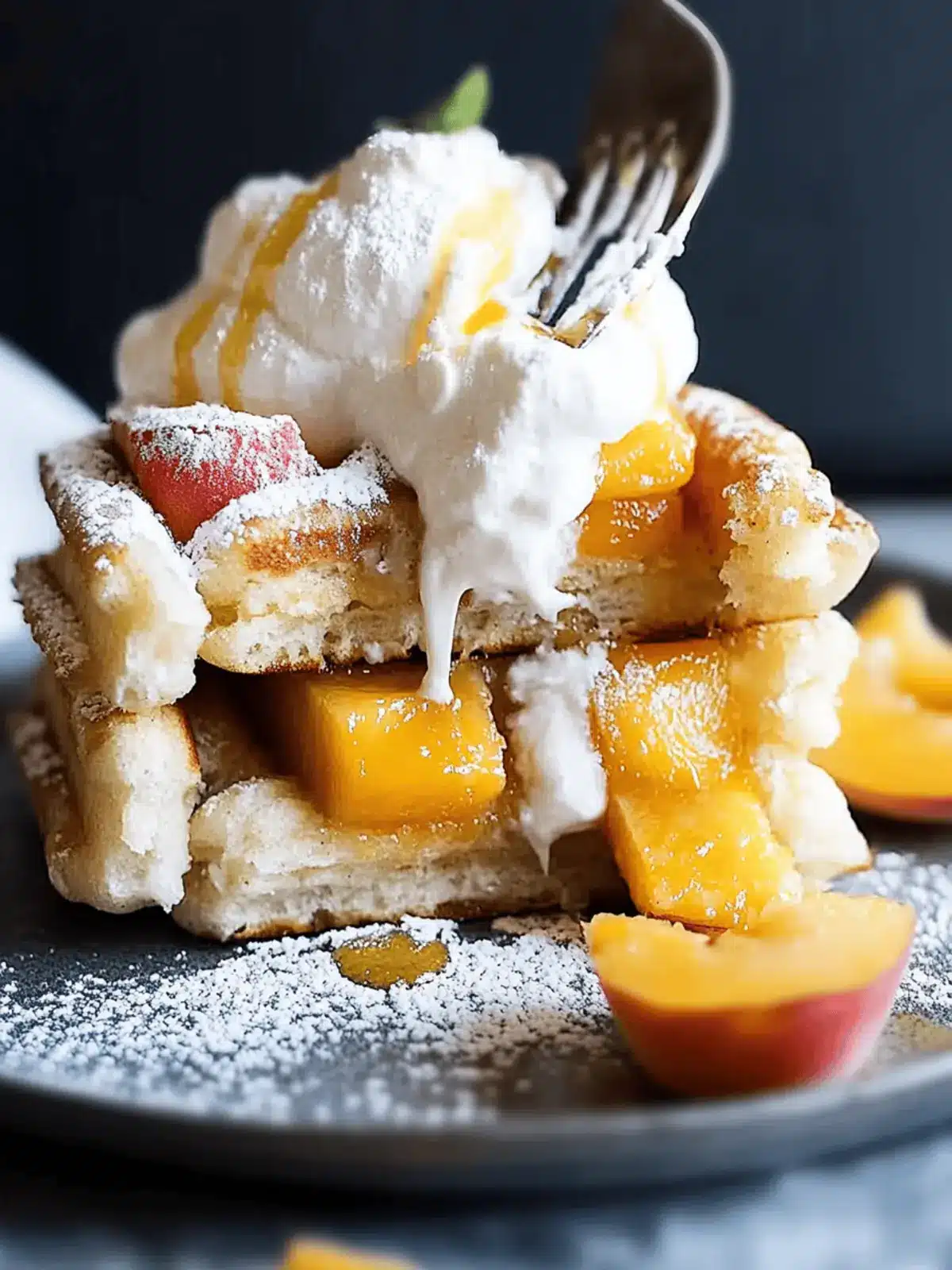 Irresistible Churro Waffles with Peaches & Cream Delight 2 Churro Waffles with Peaches & Cream