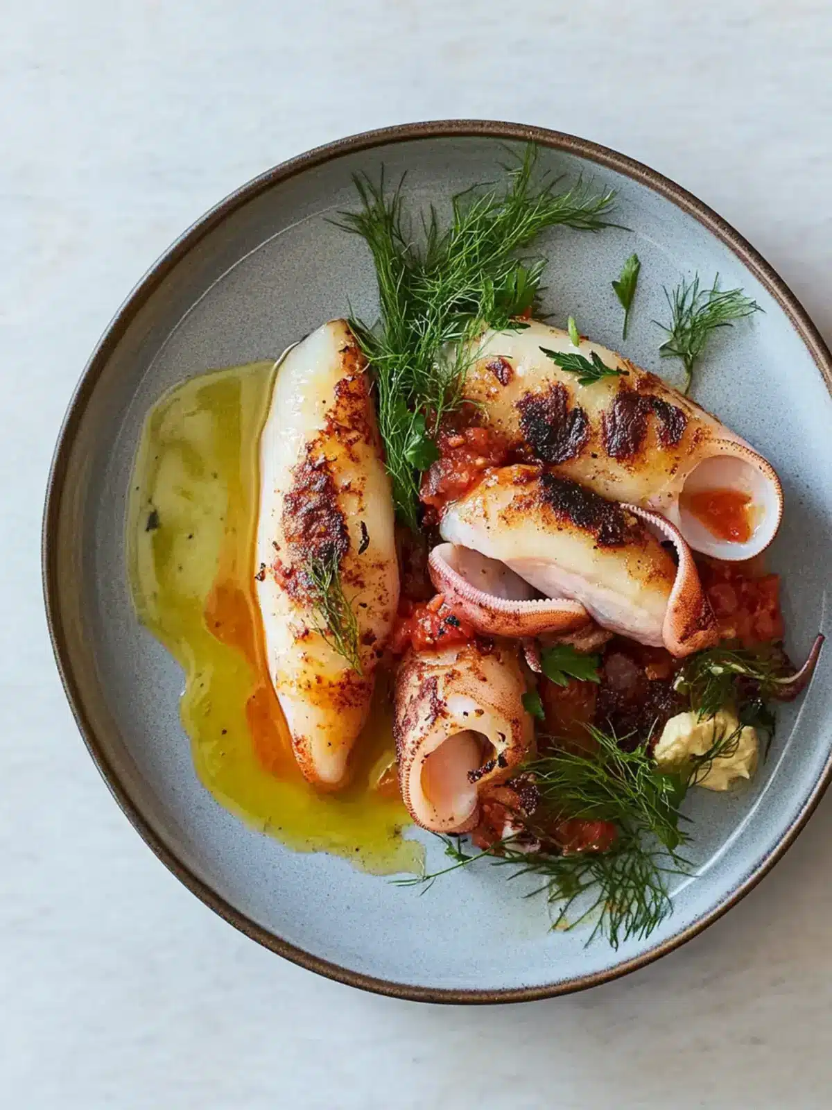 Savor Sicilian-Stuffed Squid with Zesty Tomato Alioli! 3 Sicilian-stuffed squid with tomato alioli