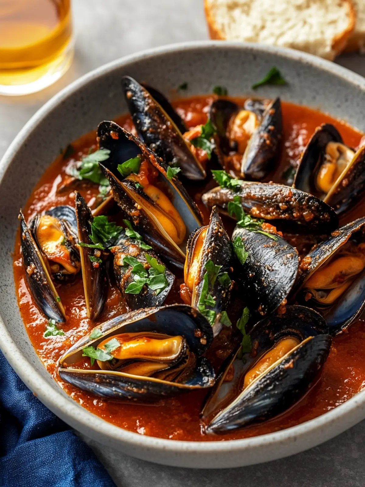 Mussels in Velvety Red Sauce with Cheese Bliss and Bread Delight 4 Mussels in Velvety Red Sauce