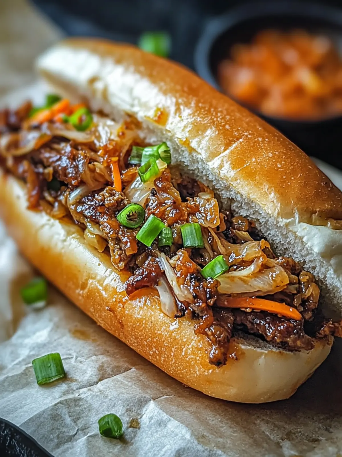 Savory Korean-Inspired Kimchi Bulgogi Cheesesteak Delight 4 Korean-Inspired Kimchi Bulgogi Cheesesteak