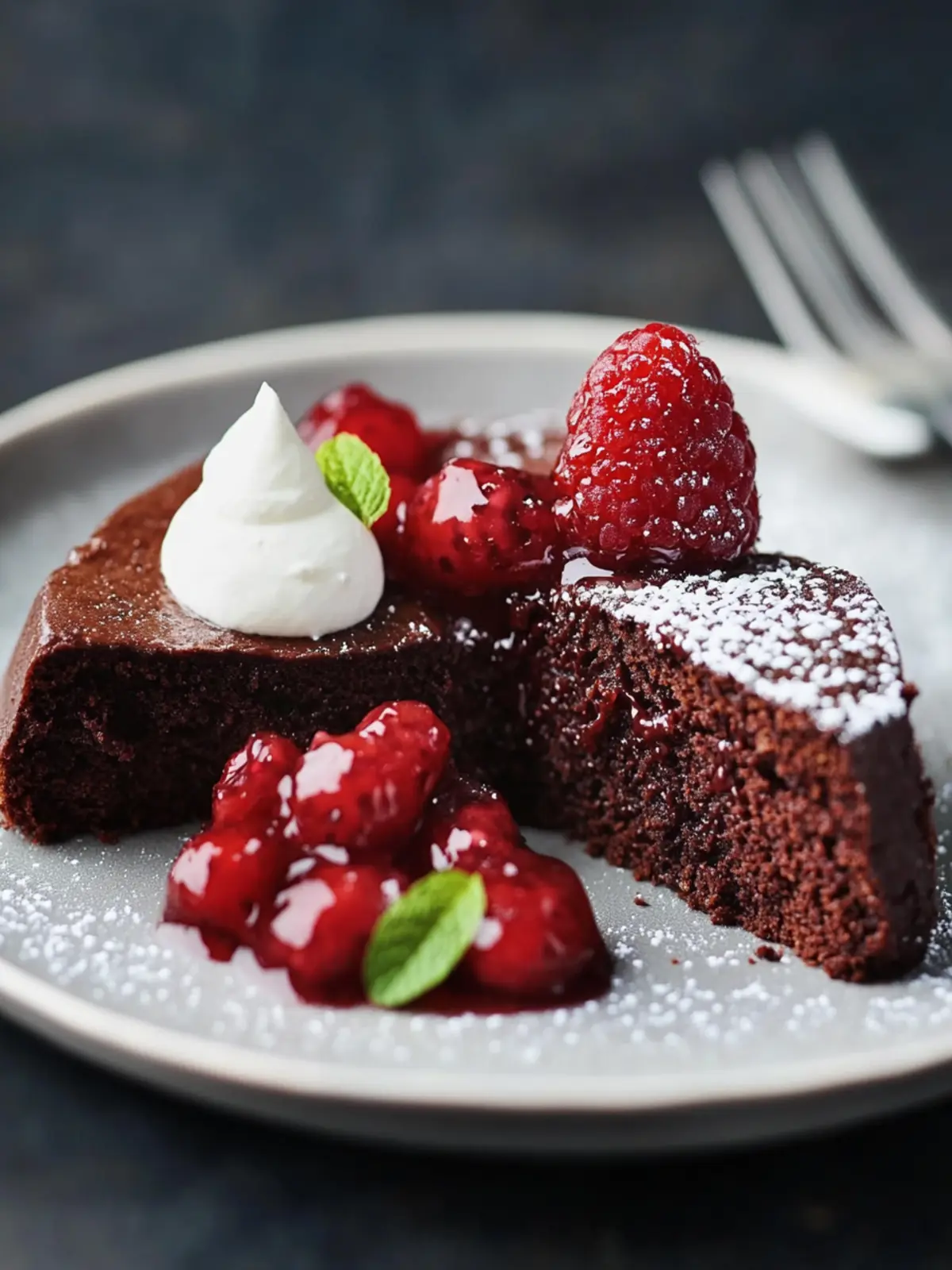 Indulge in Flourless Chocolate Cake with Fruit Compote & Cr ¨me Fra ®che 3 Flourless chocolate cake, fruit compote and creme fra ®che