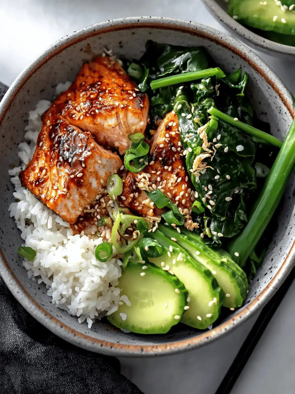 Savory Teriyaki Salmon Bowls with Ginger Sesame Greens & Coconut Rice 3 Teriyaki Salmon Bowls with Ginger Sesame Greens & Coconut Rice