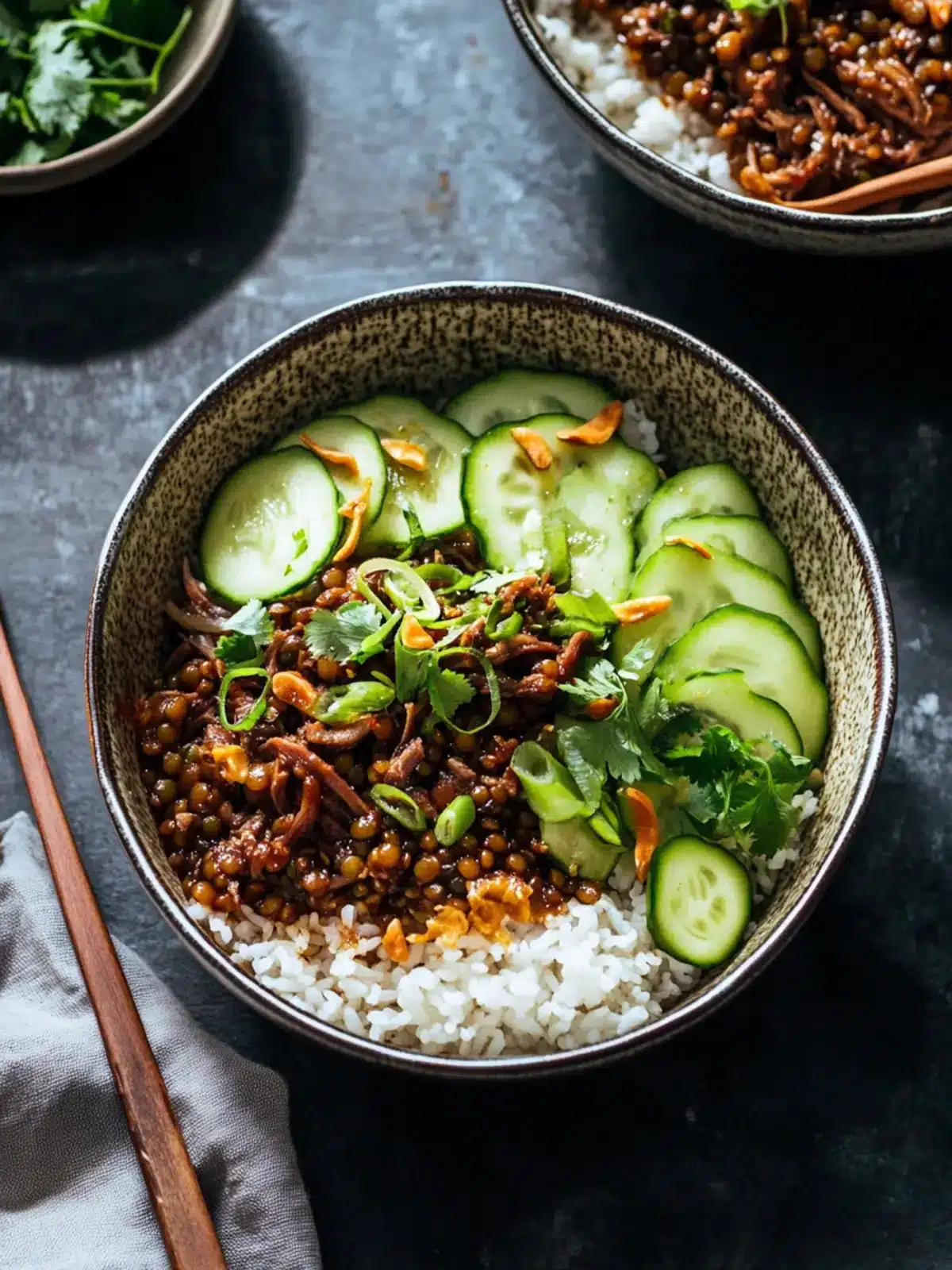 Savor Vietnamese Inspired Caramelized Pork Bowls with Lentils 3 Vietnamese Inspired Caramelized Pork Bowls with Lentils