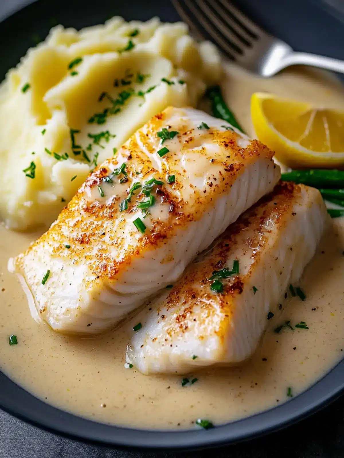 Pan-Seared Halibut Fillets in Creamy Lemon Sauce Delight 2 Pan-seared halibut fillets in a creamy lemon sauce with mashed potatoes