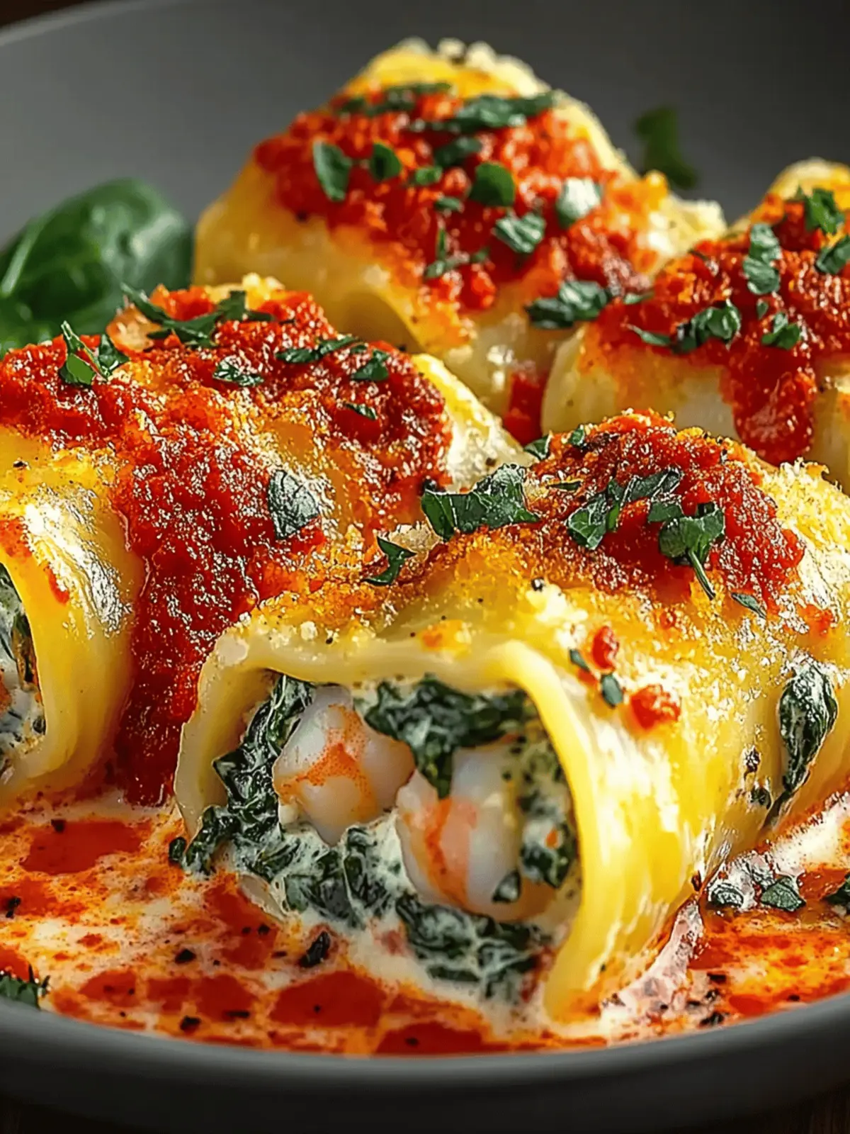 Savory Shrimp & Spinach Stuffed Pasta Rolls with Creamy Twist 3 Shrimp & Spinach Stuffed Pasta Rolls with Roasted Red Pepper Cream