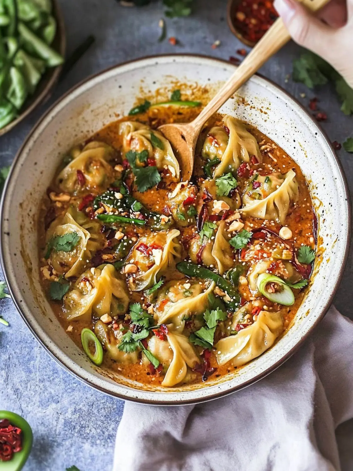 One Pan Baked Satay Dumplings with Spicy Peanut Sauce 2 One Pan Baked Satay Dumplings