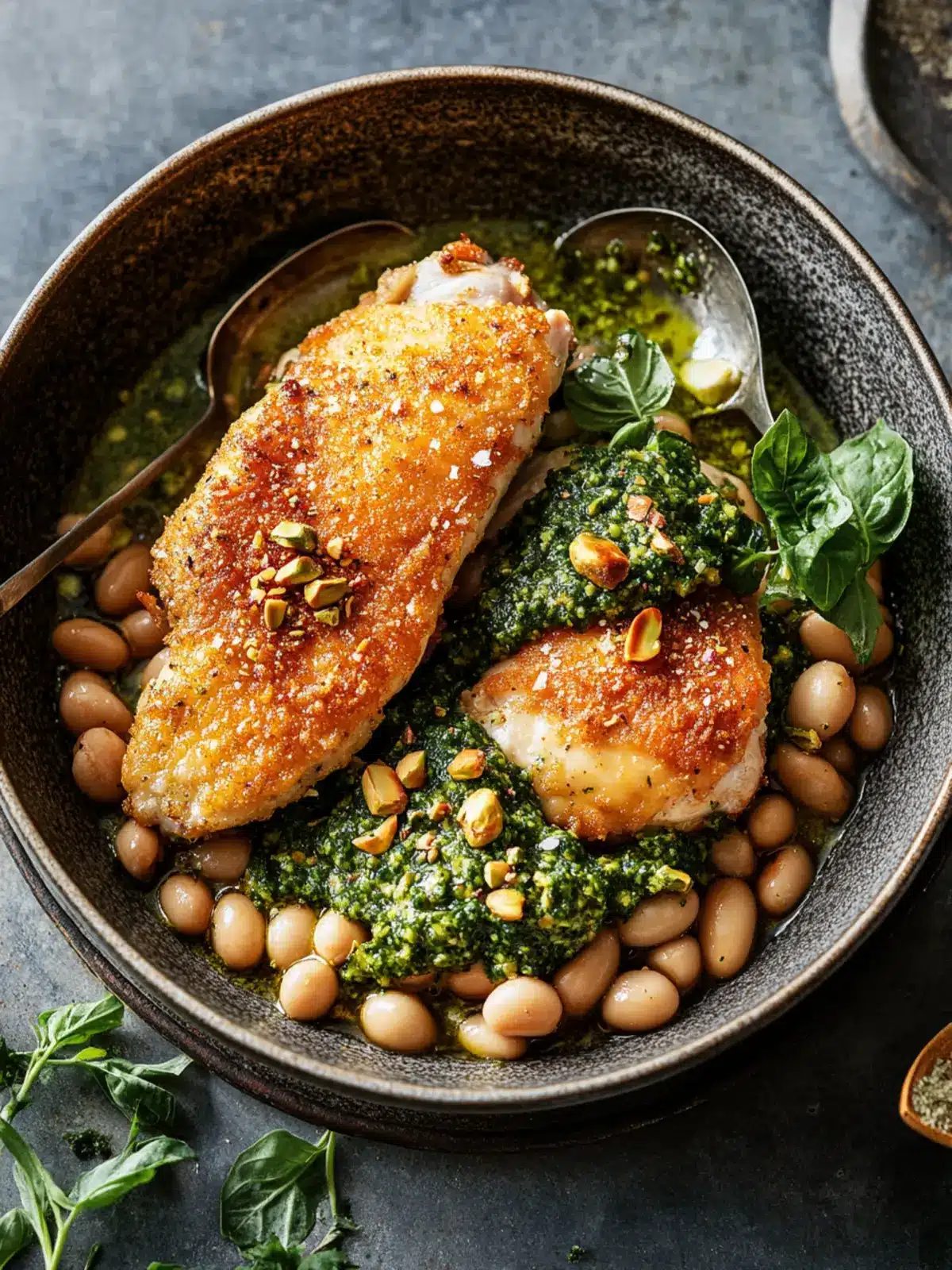One-Pan Crispy Chicken with Cannellini Beans & Pesto Bliss 2 One-Pan Crispy Chicken with Cannellini Beans & Pistachio Pesto