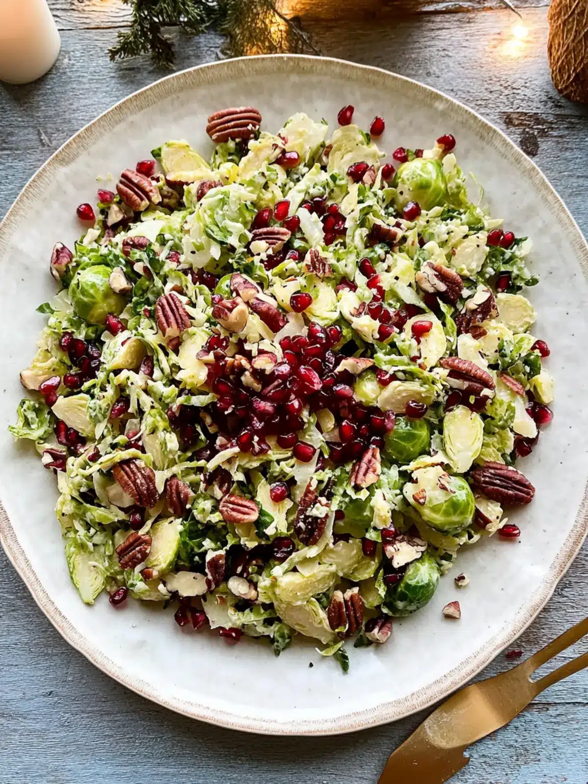 Shaved Brussels Sprout Salad with Pomegranate & Crunchy Pecans 3 Shaved Brussels Sprout Salad with Pomegranate and Candied Pecans