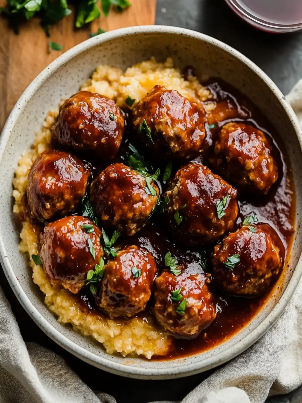 Red Wine Braised Meatballs on Creamy Polenta Pure Comfort! 3 Red Wine Braised Meatballs