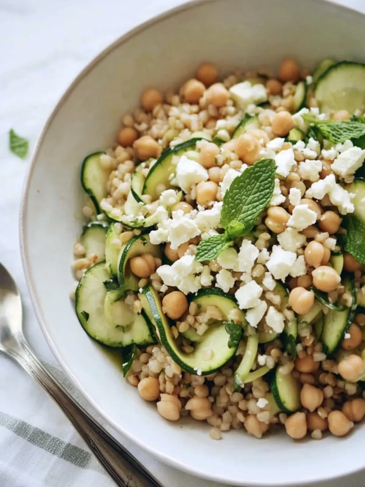 Chickpea, Barley, and Zucchini Ribbon Salad with Mint Feta Bliss 3 Chickpea, Barley and Zucchini Ribbon Salad with Mint and Feta