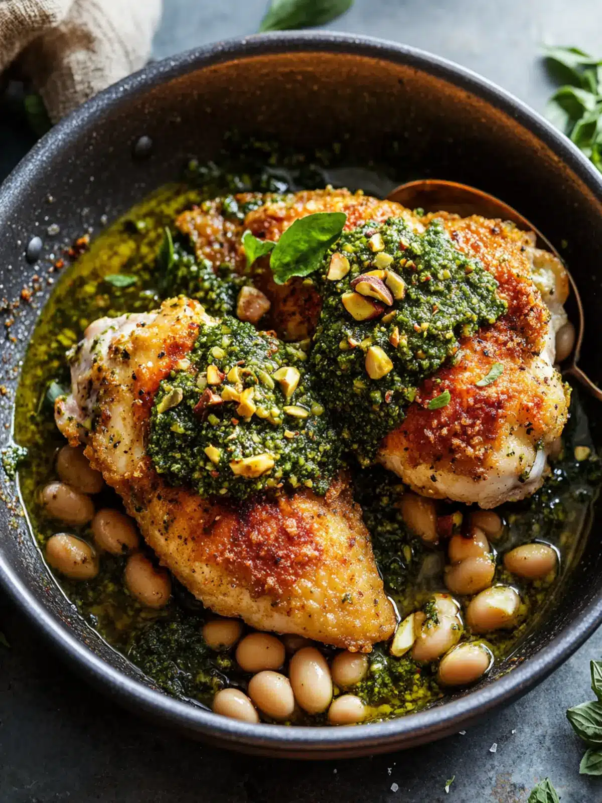One-Pan Crispy Chicken with Cannellini Beans & Pesto Bliss 4 One-Pan Crispy Chicken with Cannellini Beans & Pistachio Pesto