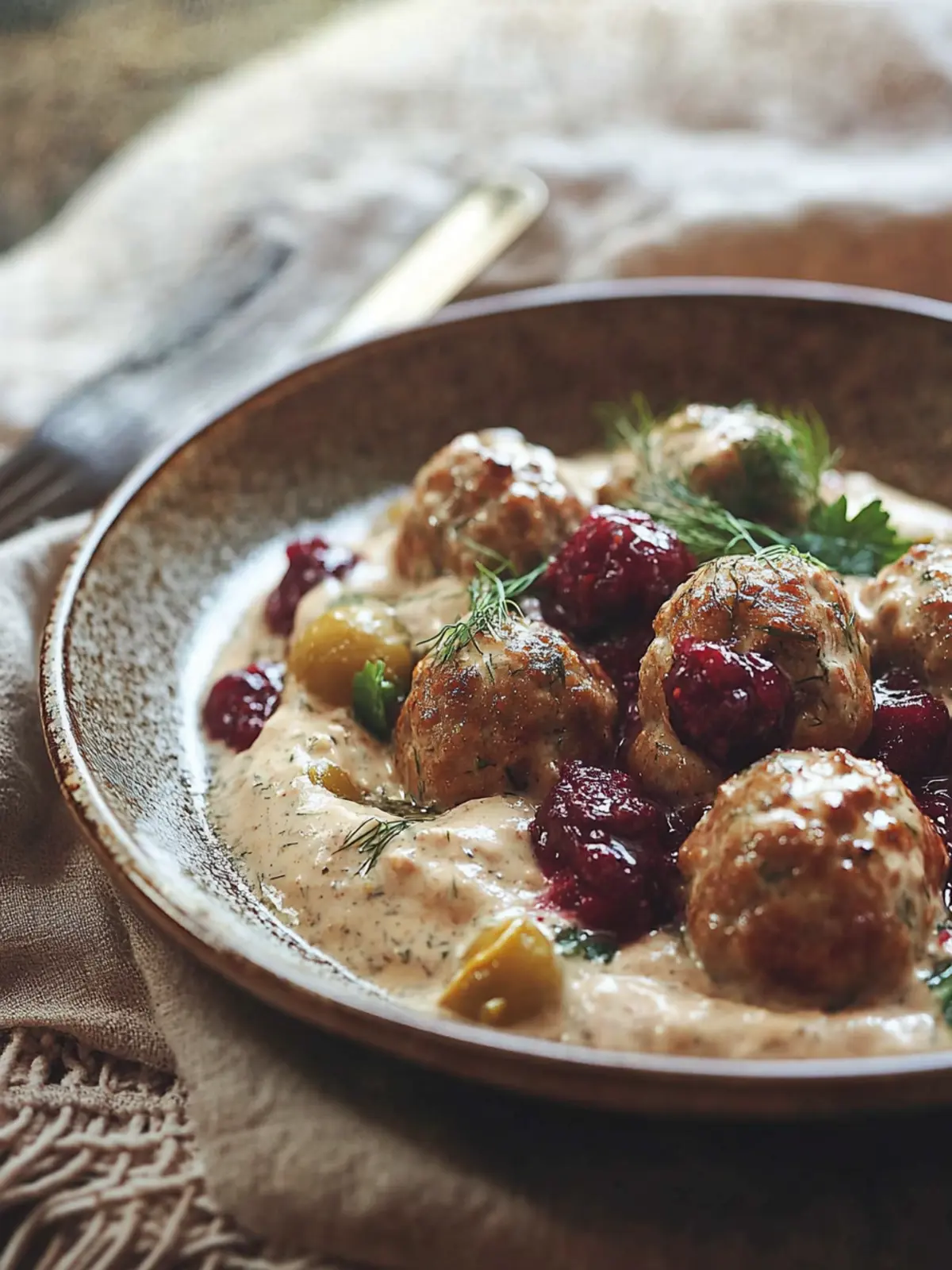 Cranberry Meatballs with Creamy Vodka Dill Sauce & Mustard Mash 2 Cranberry meatballs with a creamy vodka and dill sauce and mustard mash