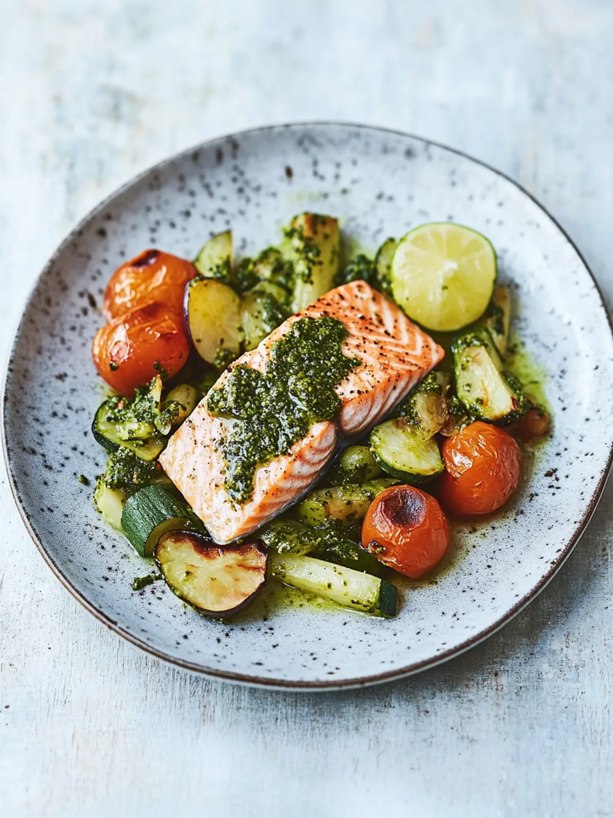 Delicious Salmon & Pesto-Dressed Veg for a Fresh Dinner Delight 4 Salmon & pesto-dressed veg