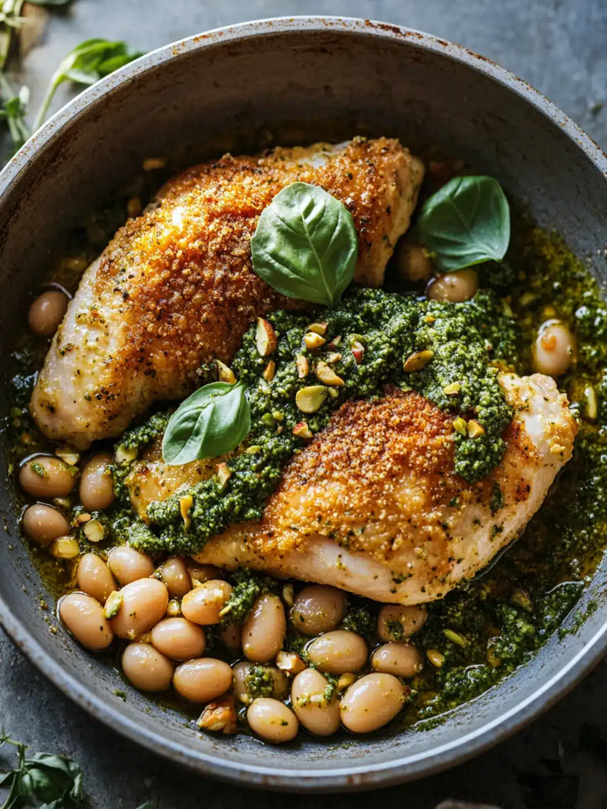 One-Pan Crispy Chicken with Cannellini Beans & Pesto Bliss 3 One-Pan Crispy Chicken with Cannellini Beans & Pistachio Pesto