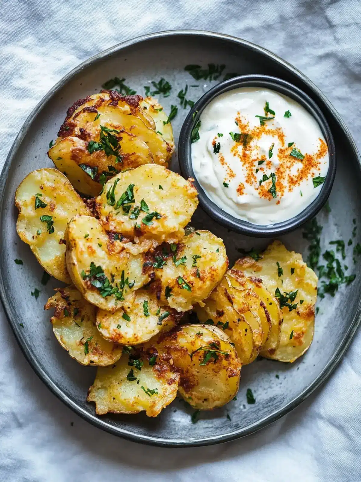 Crispy Salty Smashed Potatoes w/ Harissa Yogurt Delight 3 Salty Smashed Potatoes w/ Harissa Yogurt