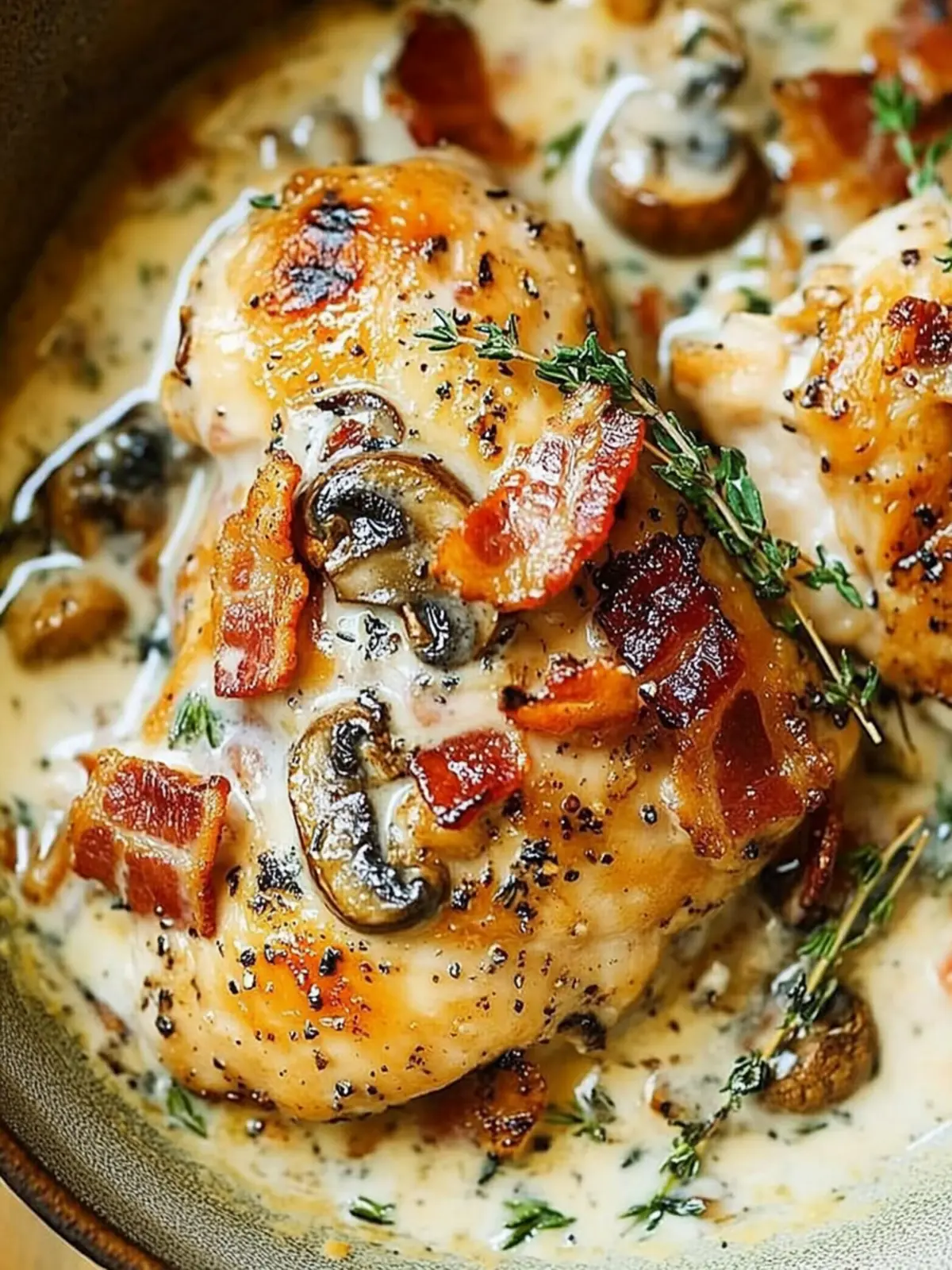 Savory Chicken Thighs with Creamy Bacon Mushroom Thyme Sauce 4 Chicken Thighs with Creamy Bacon Mushroom Thyme Sauce