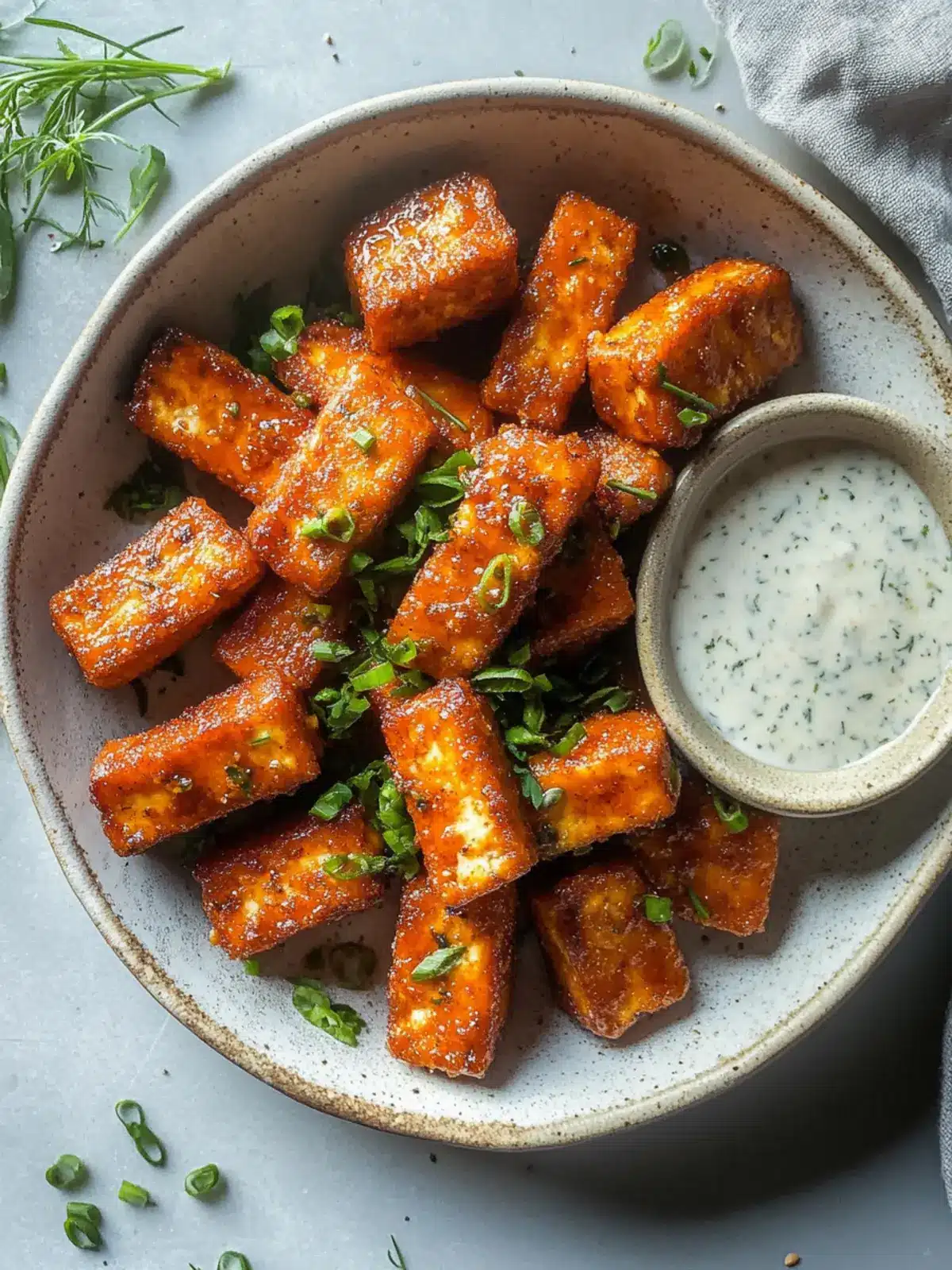 Crispy Hot Honey Buffalo Tofu with Herby Ranch Delight 2 Hot Honey Buffalo Tofu with Herby Ranch