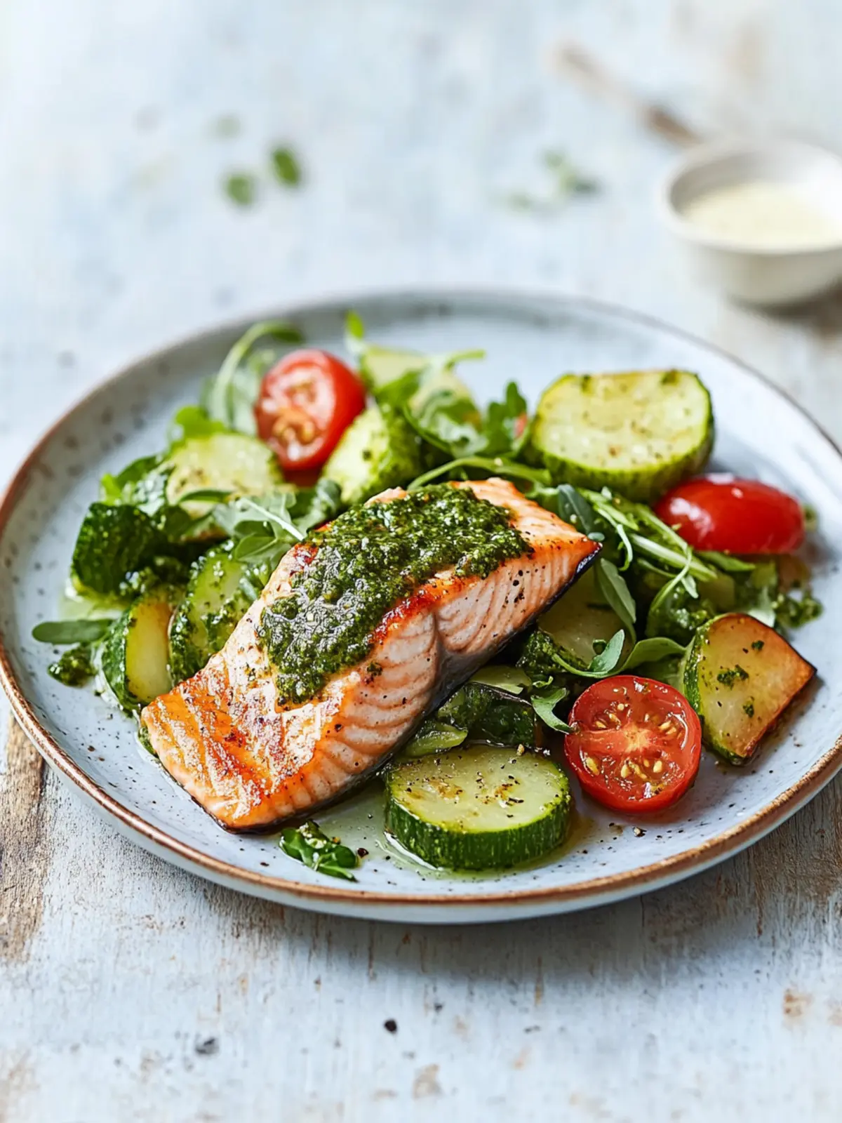 Delicious Salmon & Pesto-Dressed Veg for a Fresh Dinner Delight 2 Salmon & pesto-dressed veg