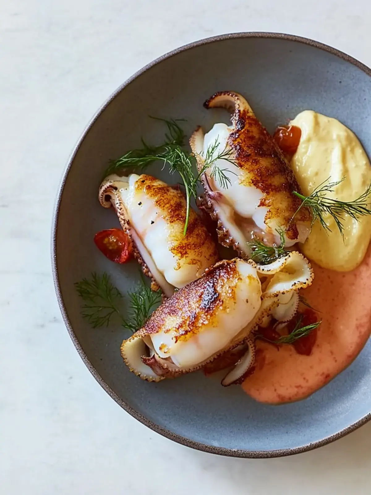 Savor Sicilian-Stuffed Squid with Zesty Tomato Alioli! 2 Sicilian-stuffed squid with tomato alioli