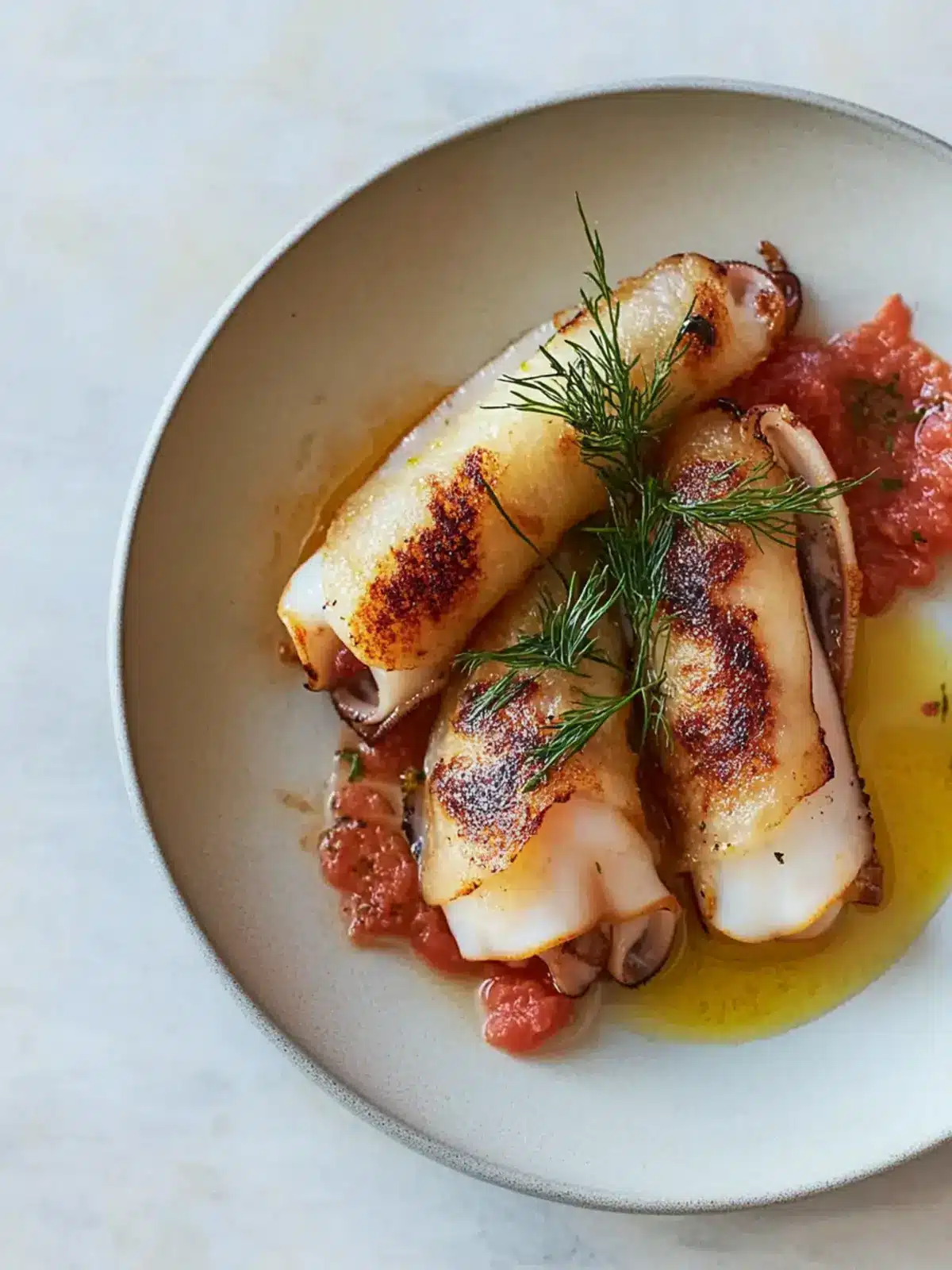 Savor Sicilian-Stuffed Squid with Zesty Tomato Alioli! 4 Sicilian-stuffed squid with tomato alioli