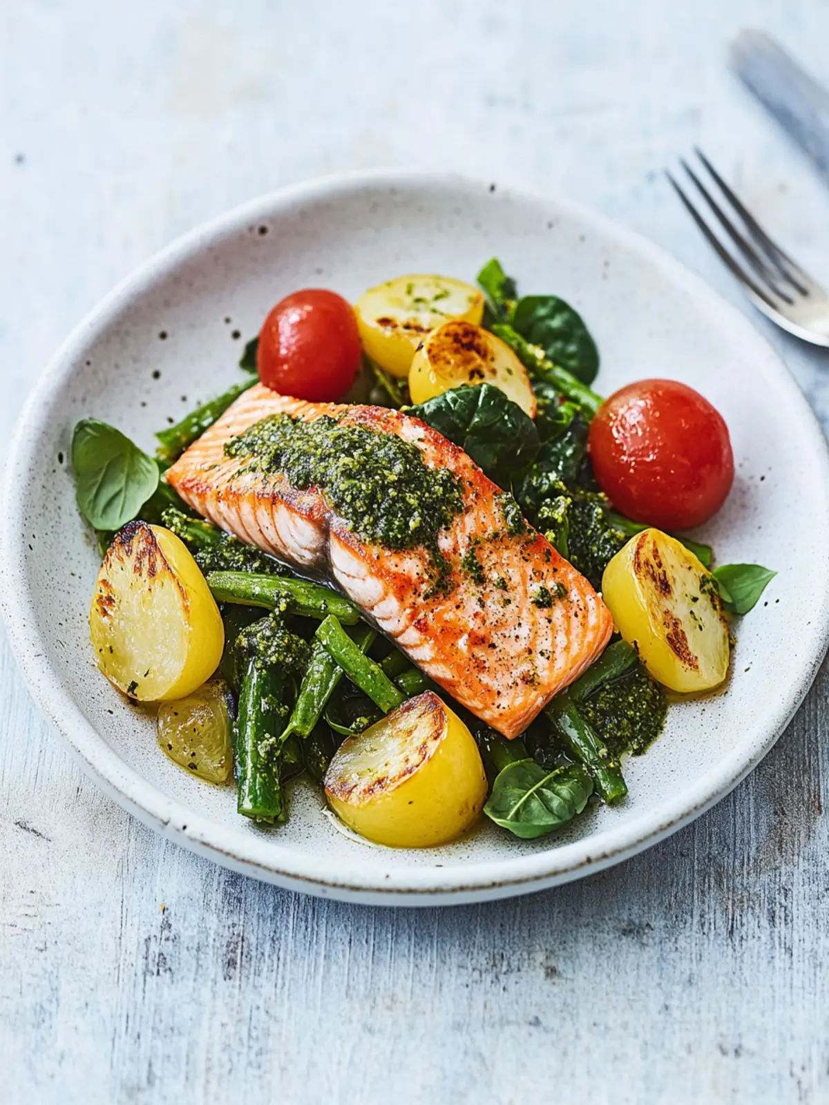 Delicious Salmon & Pesto-Dressed Veg for a Fresh Dinner Delight 3 Salmon & pesto-dressed veg