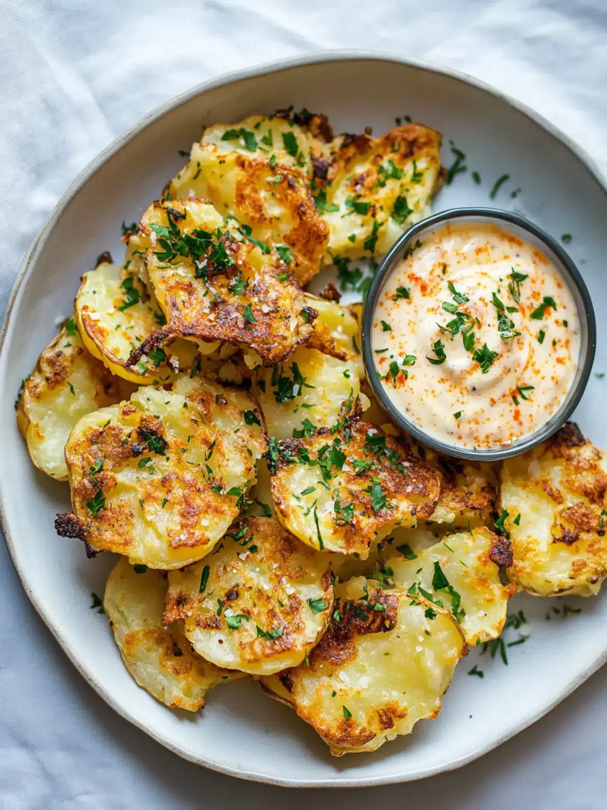 Crispy Salty Smashed Potatoes w/ Harissa Yogurt Delight 4 Salty Smashed Potatoes w/ Harissa Yogurt