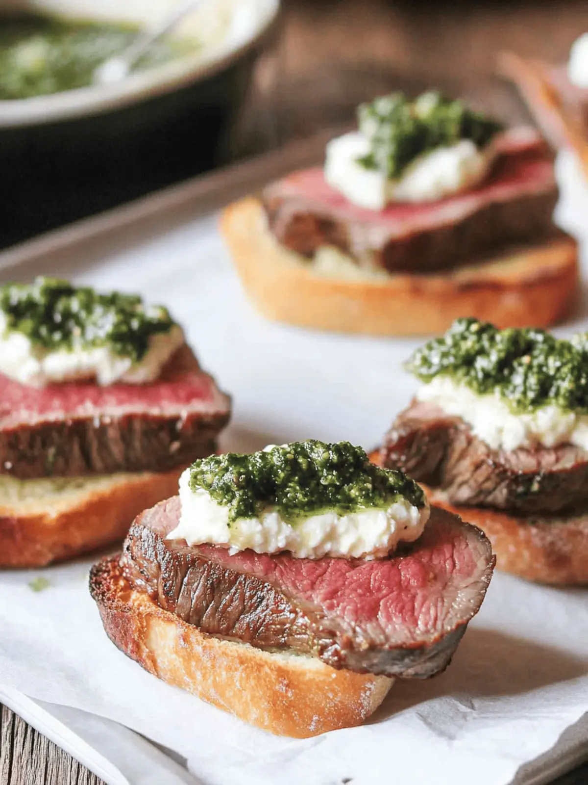 Savory Beef Tenderloin Crostini with Whipped Goat Cheese Magic 3 Beef Tenderloin Crostini with Whipped Goat Cheese and Pesto