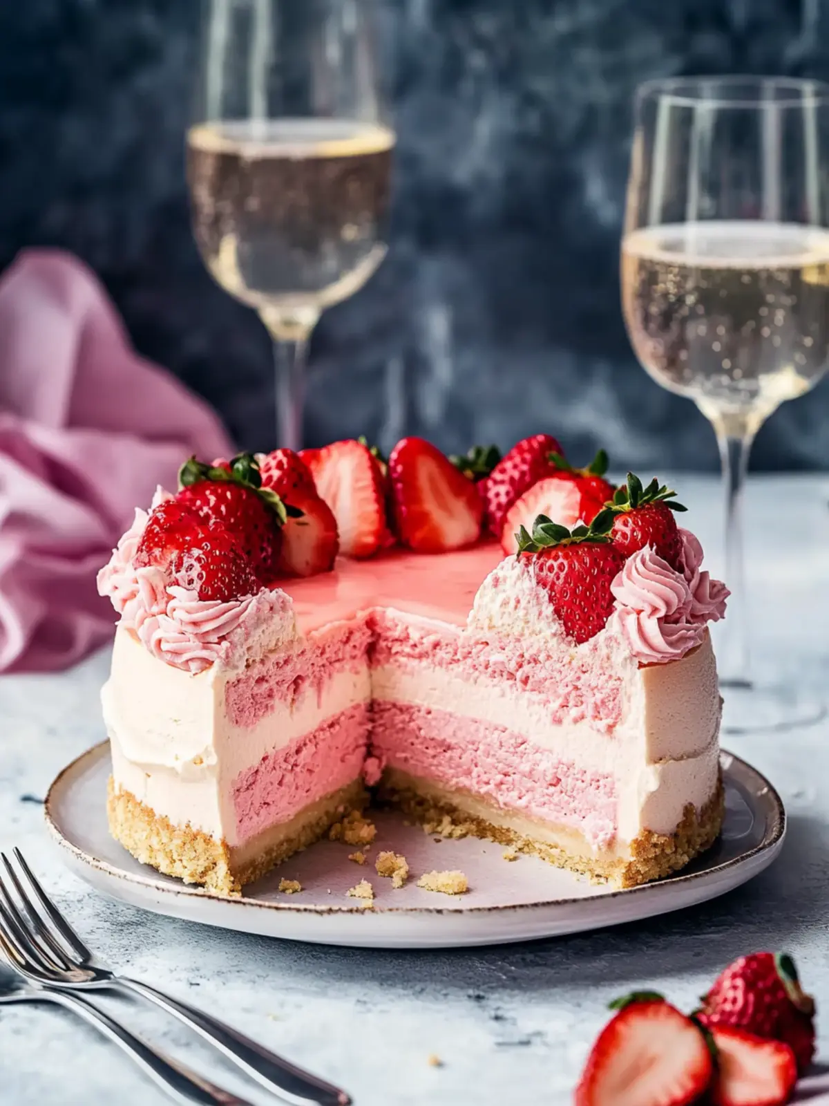 Delicious Strawberry Champagne Cheesecake with Champagne Cake 3 Strawberry Champagne Cheesecake with Champagne Cake