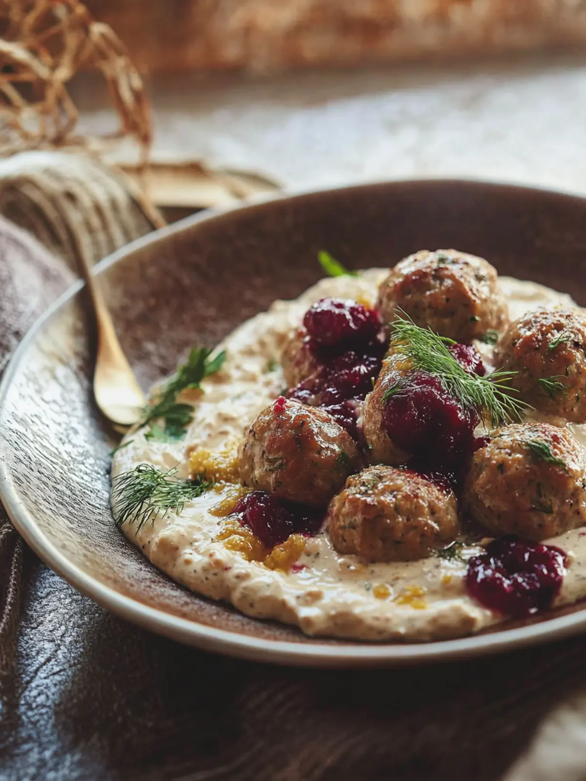 Cranberry Meatballs with Creamy Vodka Dill Sauce & Mustard Mash 4 Cranberry meatballs with a creamy vodka and dill sauce and mustard mash