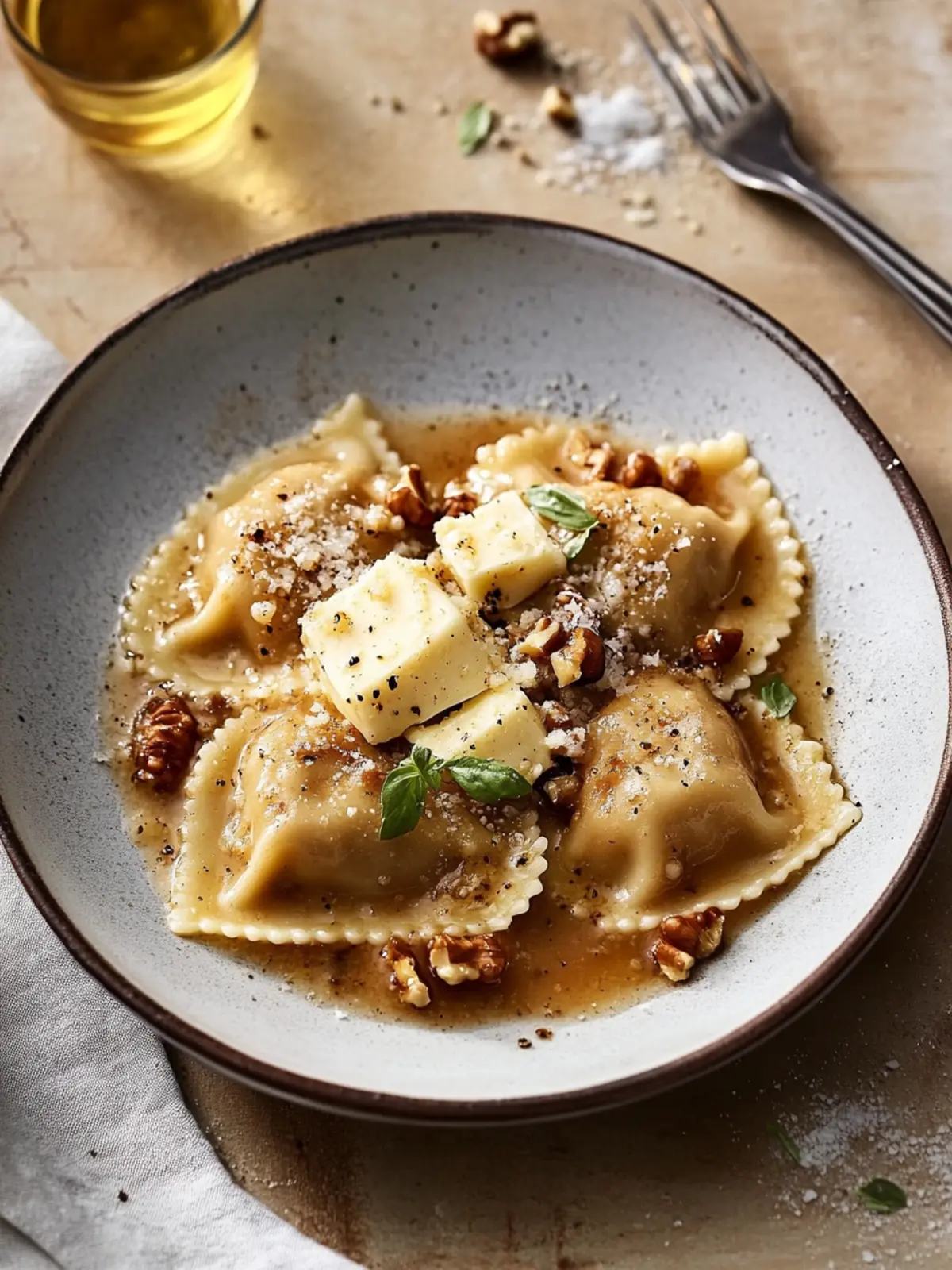 Three-Cheese Cheat's Ravioli with Butter and Walnut Sauce Delight 4 Three-cheese cheat's ravioli with butter and walnut sauce